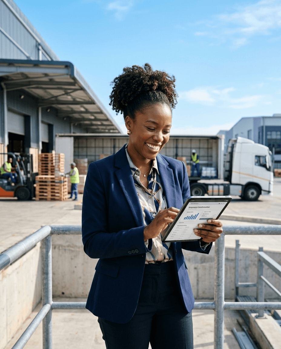 A satisfied AOBMOG client reviewing their shipment details with ease